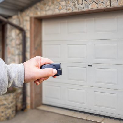 York security key fob pointing to a garage door